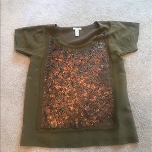 J Crew Olive Green Sequin Silk Blouse Sz XS